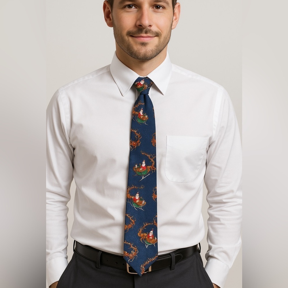 Santa & Reindeer Christmas Silk Tie – Made in USA 🎁